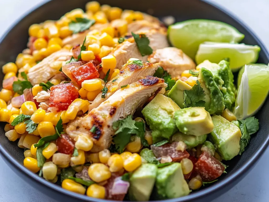 Comfort Food 9 A black bowl filled with grilled chicken, corn, avocado, diced tomatoes, red onion, cilantro, and lime wedges.