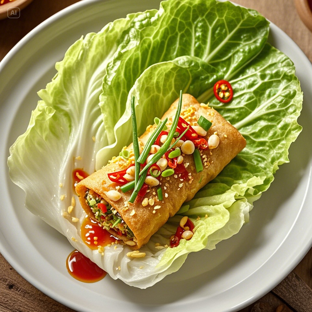 Egg roll in a bowl with coleslaw mix in a skillet garnished with green onions and sesame seeds.