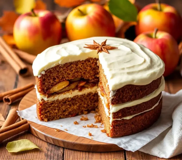 Freshly baked apple spice cake with a slice cut out, showing a moist texture.