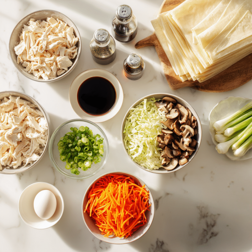 Are Egg Rolls Healthy for Weight Loss?: Bowls of shredded chicken, sliced mushrooms, shredded cabbage, grated carrots, green onions, soy sauce, eggs, and egg roll wrappers on a white countertop, ready for making homemade egg rolls.