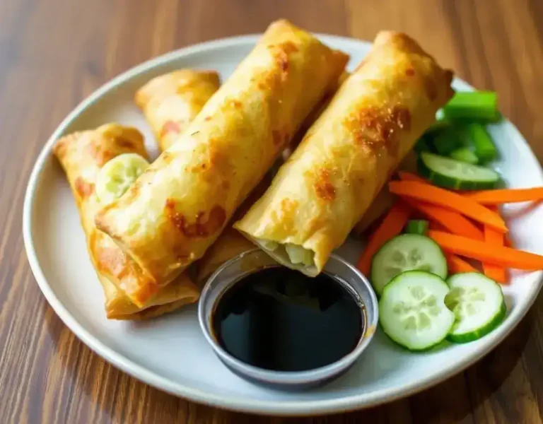 A plate of air-fried egg rolls served with a side of dipping sauce