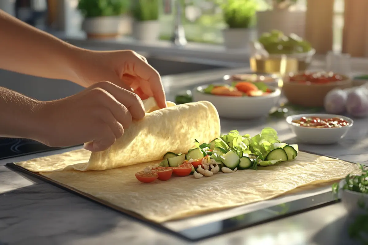 Rolling Authentic Lavash Bread with a fresh vegetable wrap with tomatoes, cucumbers, lettuce, and nuts on a tortilla.