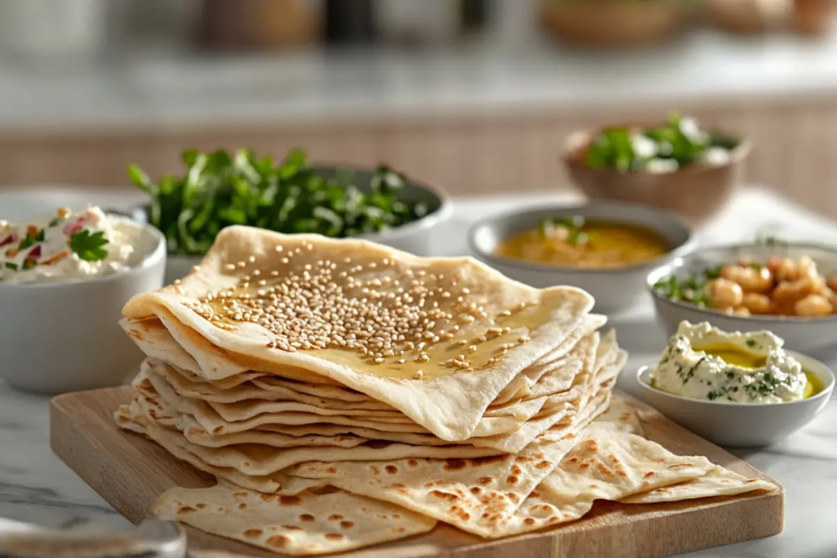 A stack of thin, freshly baked lavash bread topped with sesame seeds and drizzled with oil.