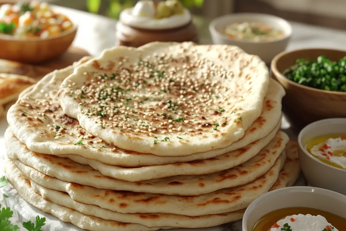 A stack of freshly baked lavash bread topped with sesame seeds and herbs.