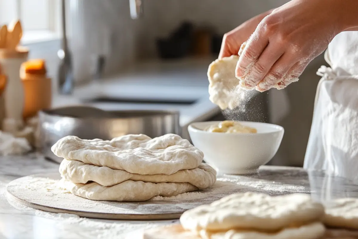 Hands preparing lavash bread dough with flour on a kitchen counter.