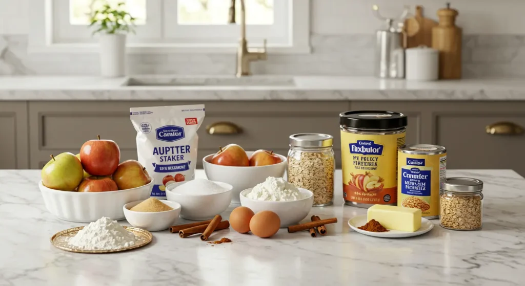 Assortment of baking ingredients, including fresh apples, for baking with apples.