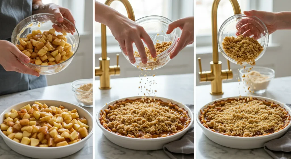 Step-by-step process of making an apple crumble, showing baking with apples.