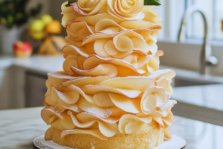 A beautifully decorated apple cake with thinly sliced apples, showcasing creative baking with apples.