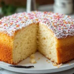 Best Dairy Free Cake Mix You Need To Try Plus Pro Baking Tips 11 Fluffy dairy-free vanilla cake topped with powdered sugar and colorful sprinkles.