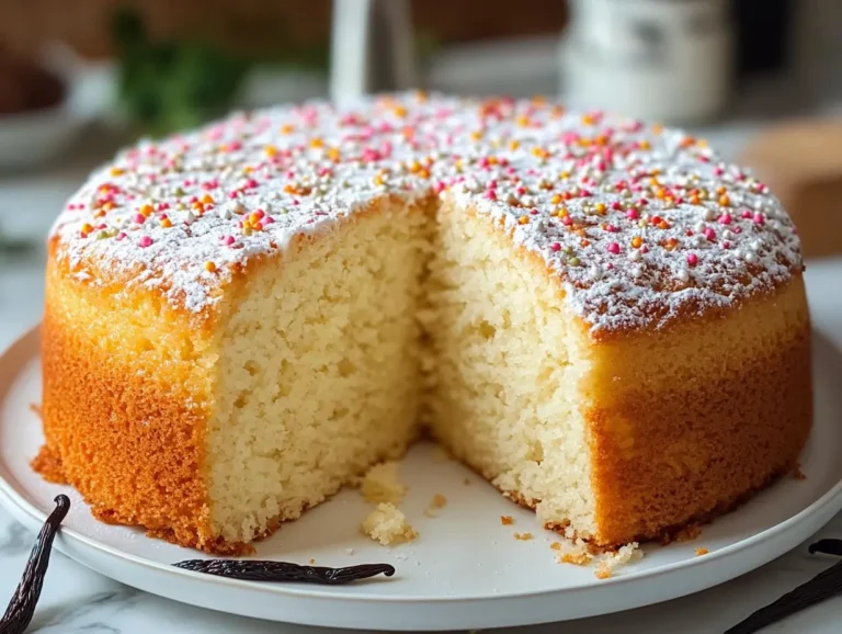 Fluffy dairy-free vanilla cake topped with powdered sugar and colorful sprinkles.