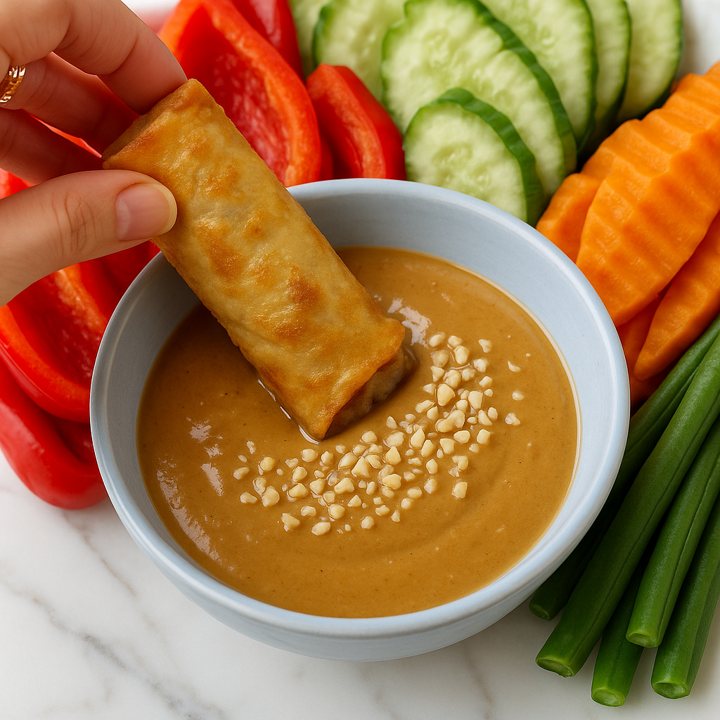 Dipping a crispy egg roll into a bowl of peanut dipping sauce surrounded by fresh sliced vegetables.