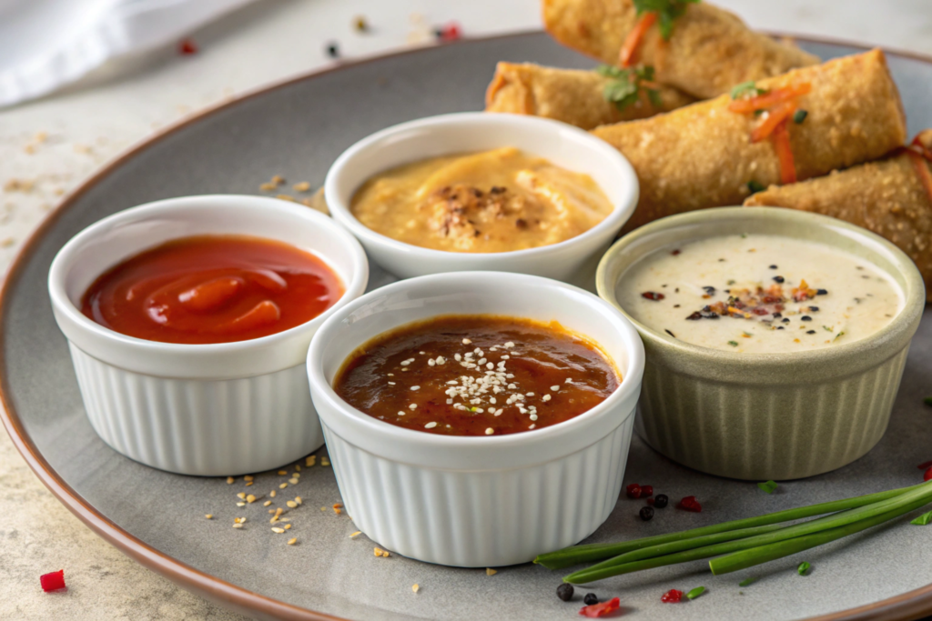 Four small bowls with different sauces and spring rolls are arranged on a round plate.