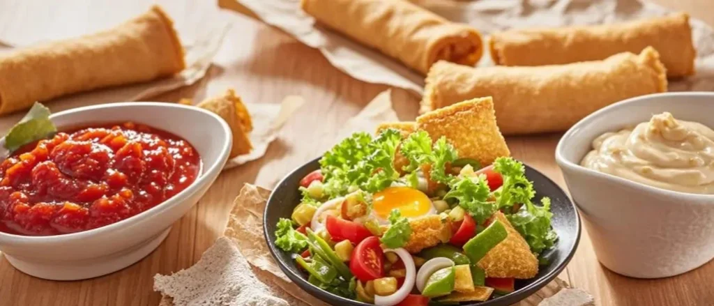 Baked vegetable egg rolls paired with a healthy salad, providing a low-calorie snack option.