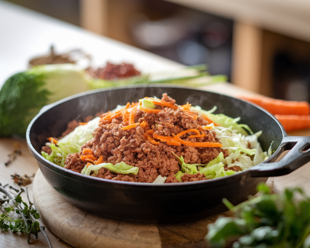 Keto-friendly egg roll in a bowl with ground pork and cabbage