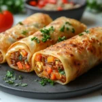 Can You Eat Egg Rolls on a Keto Diet? Here’s What You Need to Know 6 Crispy golden-brown egg rolls stuffed with seasoned meat and vegetables, garnished with fresh herbs and served on a black plate.