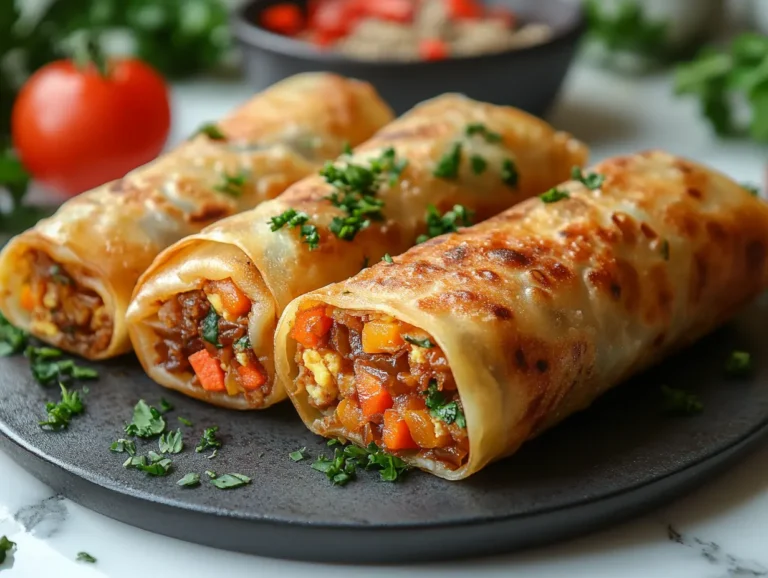 Crispy golden-brown egg rolls stuffed with seasoned meat and vegetables, garnished with fresh herbs and served on a black plate.