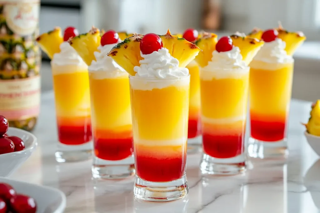 Close-up of layered Pineapple Upside Down Cake Shots with whipped cream and cherry garnishes.