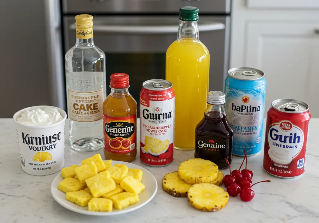 Ingredients for making Pineapple Upside Down Cake Shots including vodka, pineapple juice, grenadine, and cherries.