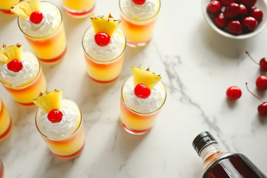 Close-up of top down layered Pineapple Upside Down Cake Shots with whipped cream and cherry garnishes.