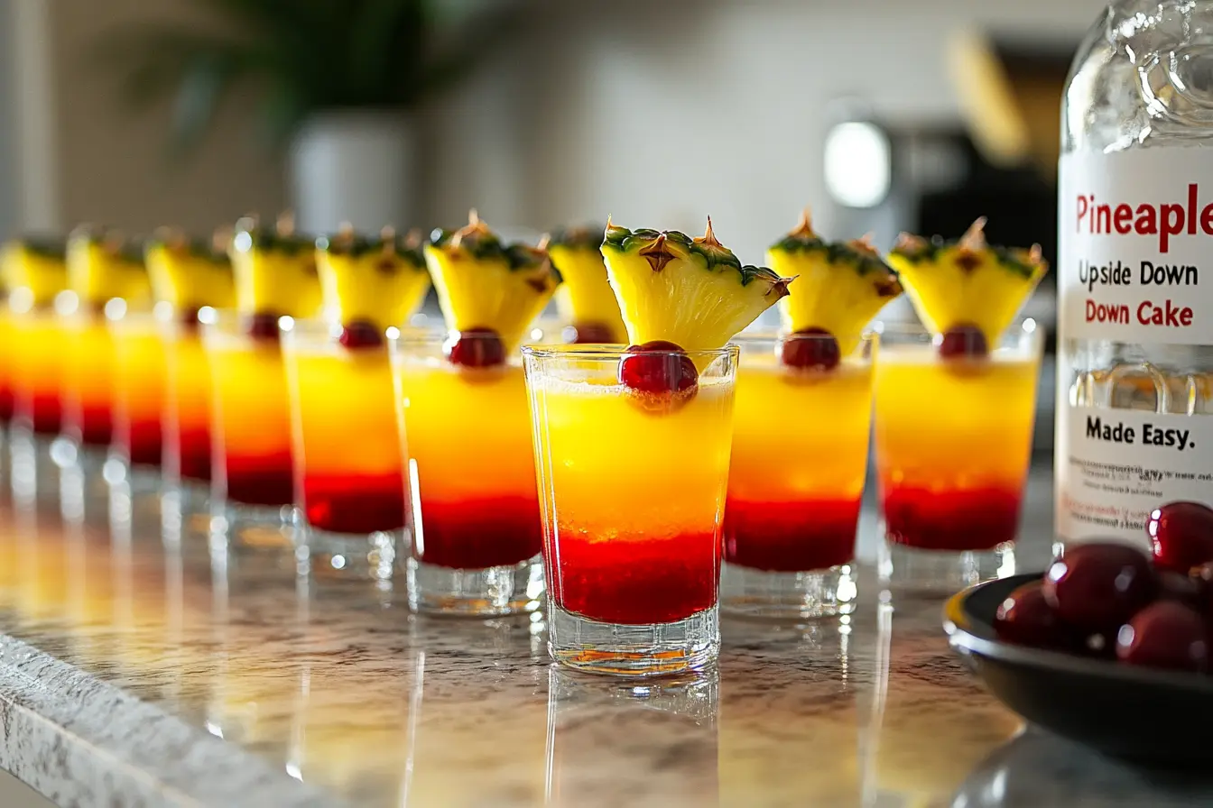 Close-up of layered Pineapple Upside Down Cake Shots without whipped cream and cherry garnishes.