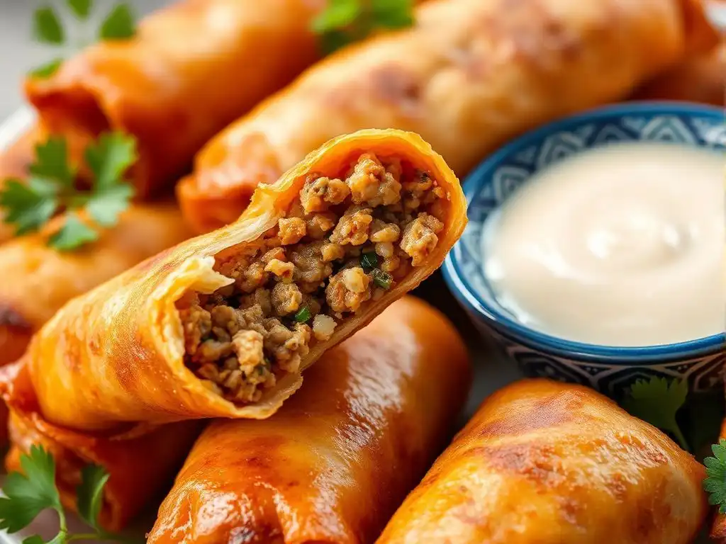 Crispy cheeseburger egg roll recipe appetizer with sauce