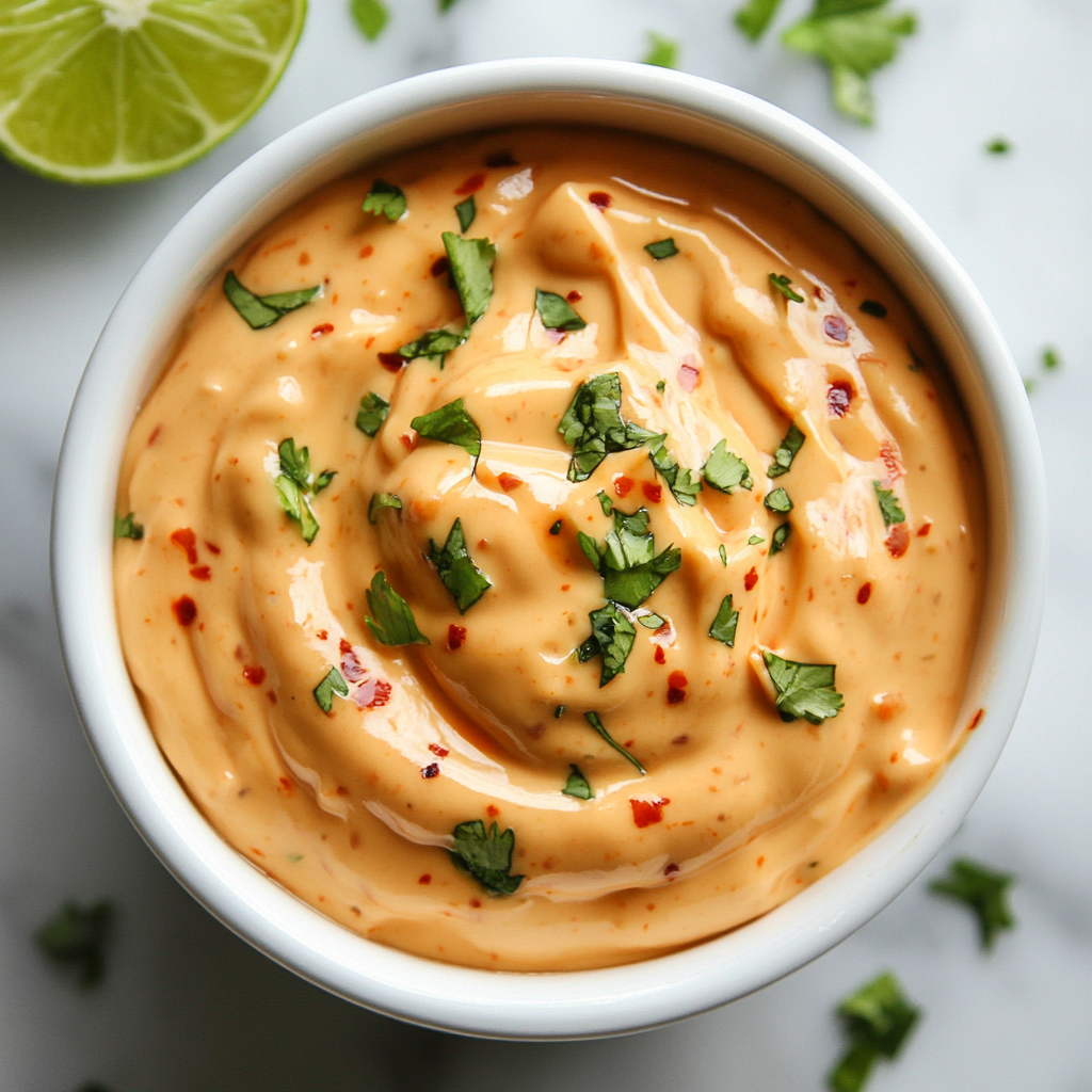 A bowl of creamy sriracha mayo garnished with chopped cilantro and chili flakes.