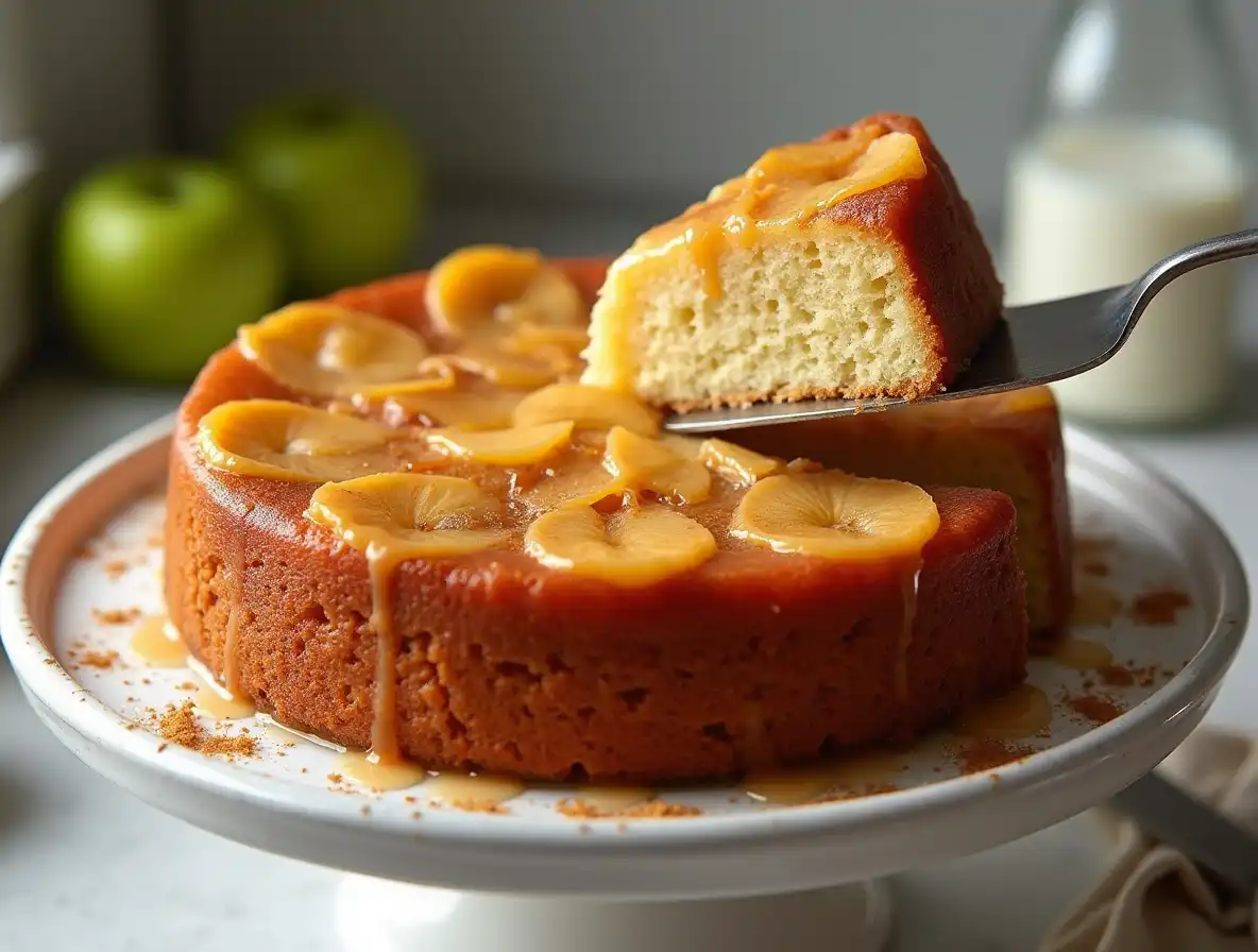 Vegan upside down apple cake with caramelized apple slices