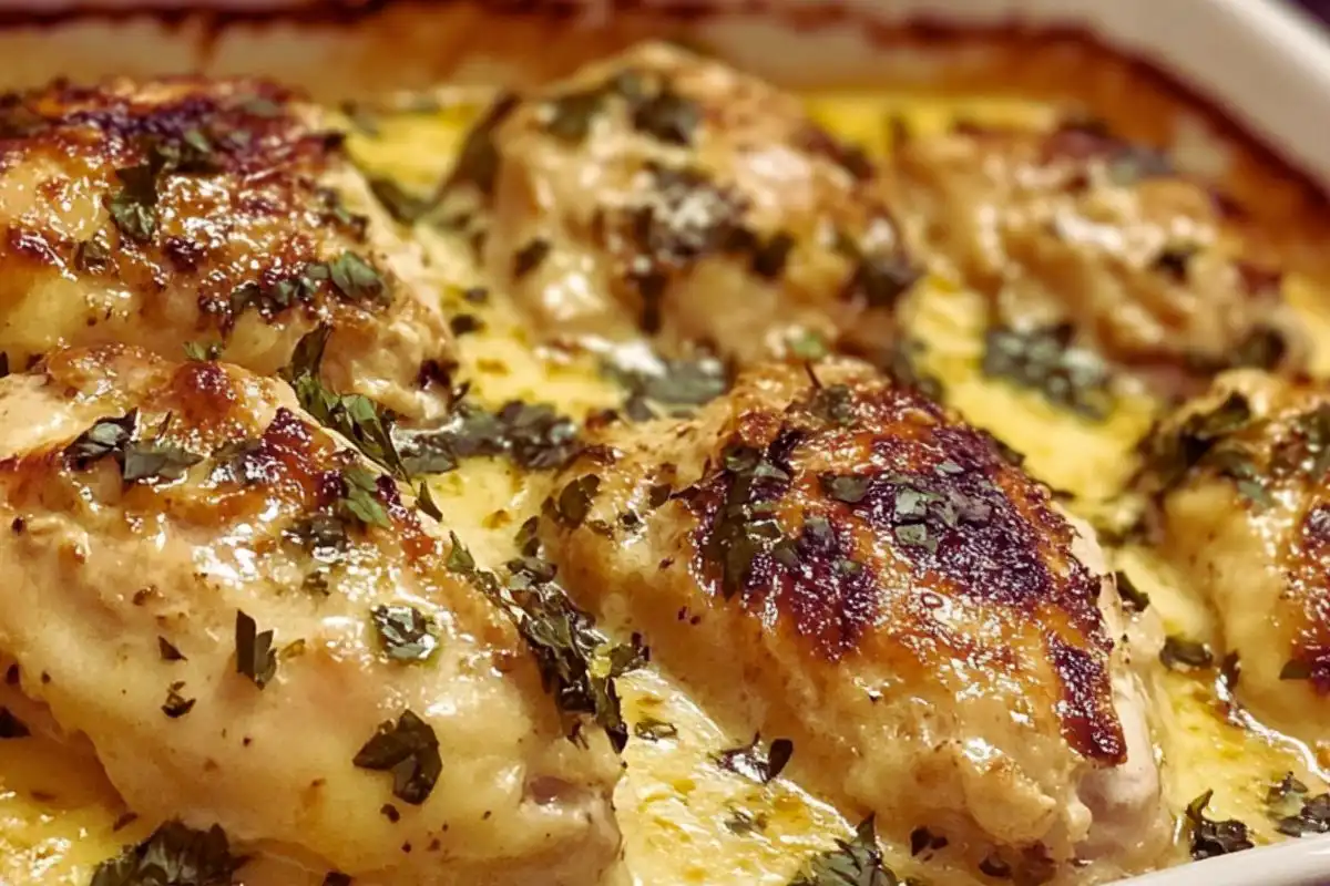 A freshly baked million dollar chicken recipe casserole with a golden, creamy topping.