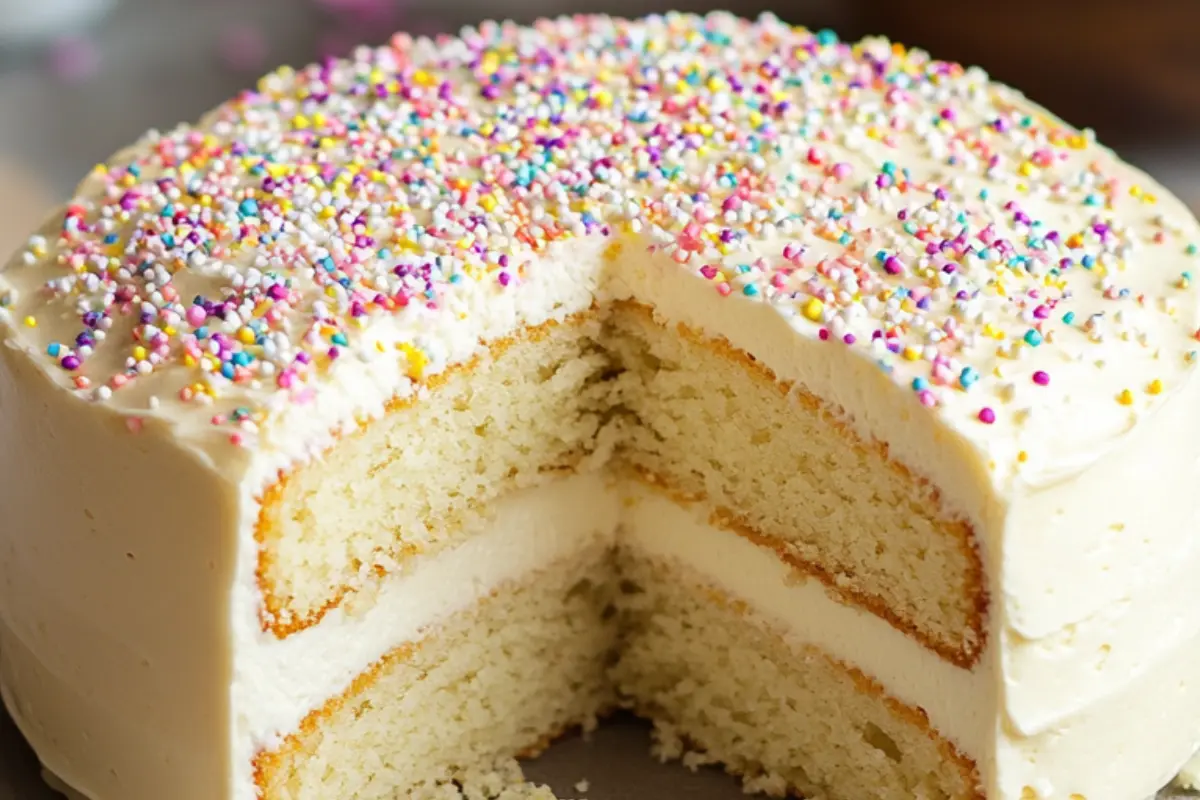 A close-up of a fresh dairy free cake mix vanilla cake on a rack.