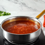 A saucepan filled with freshly simmered sweet and sour sauce on a stovetop.