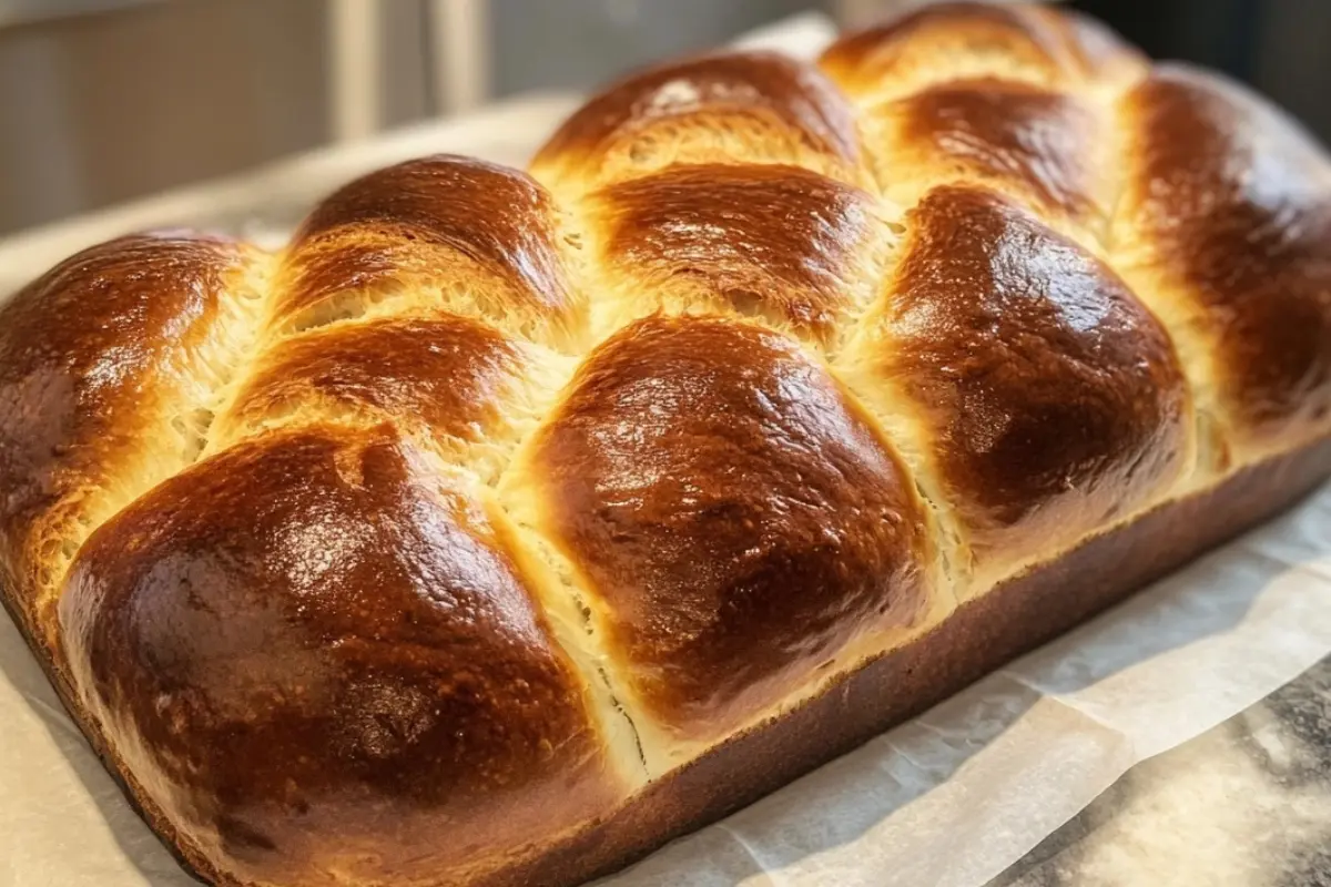 Freshly baked loaf of vegan bread on a wooden cutting board.