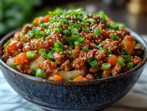 Egg roll in a bowl with cabbage, carrots, and ground pork