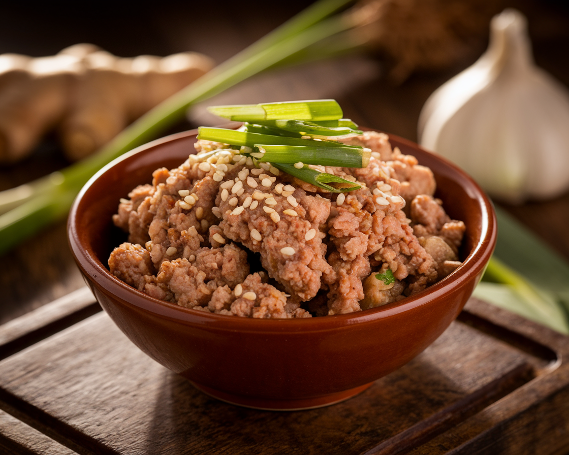 Egg roll in a bowl with cabbage, carrots, and ground pork