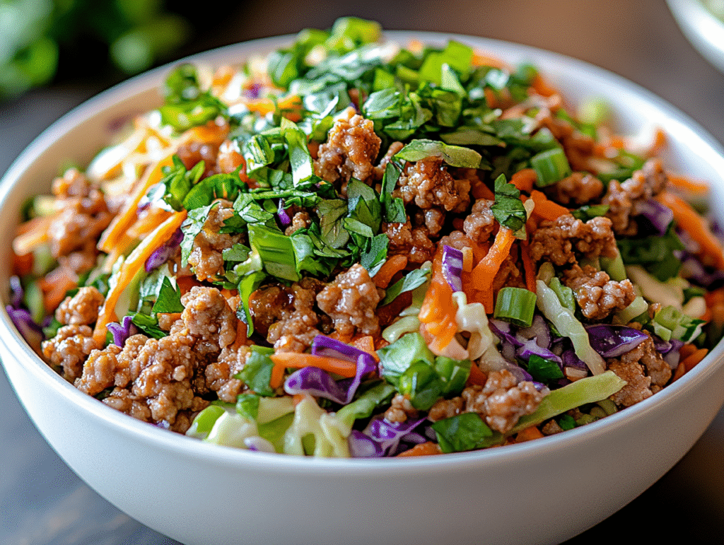 Egg roll in a bowl with coleslaw mix in a bowl garnished with green onions and parsley