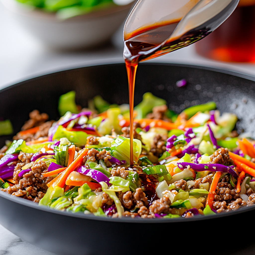 Pouring savory sauce over cooked ground meat and colorful coleslaw mix in a skillet for egg roll in a bowl.