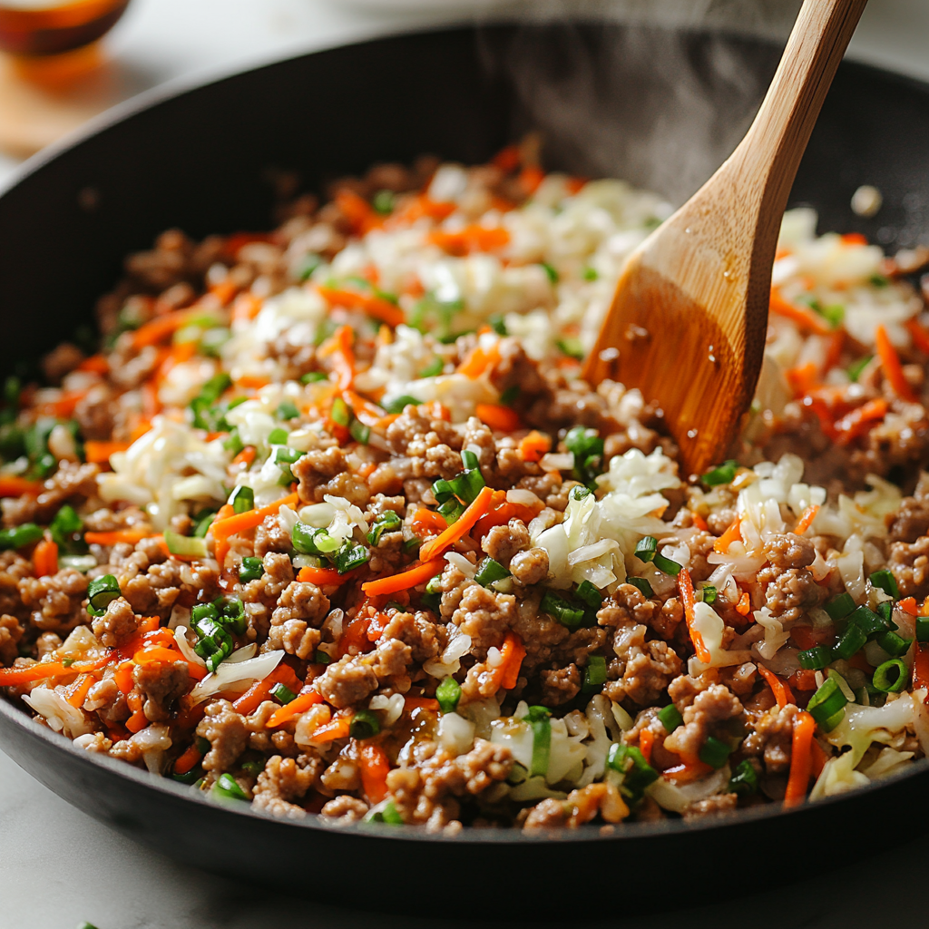 Stirring ground turkey, shredded cabbage, carrots, and green onions in a skillet for an egg roll in a bowl recipe.