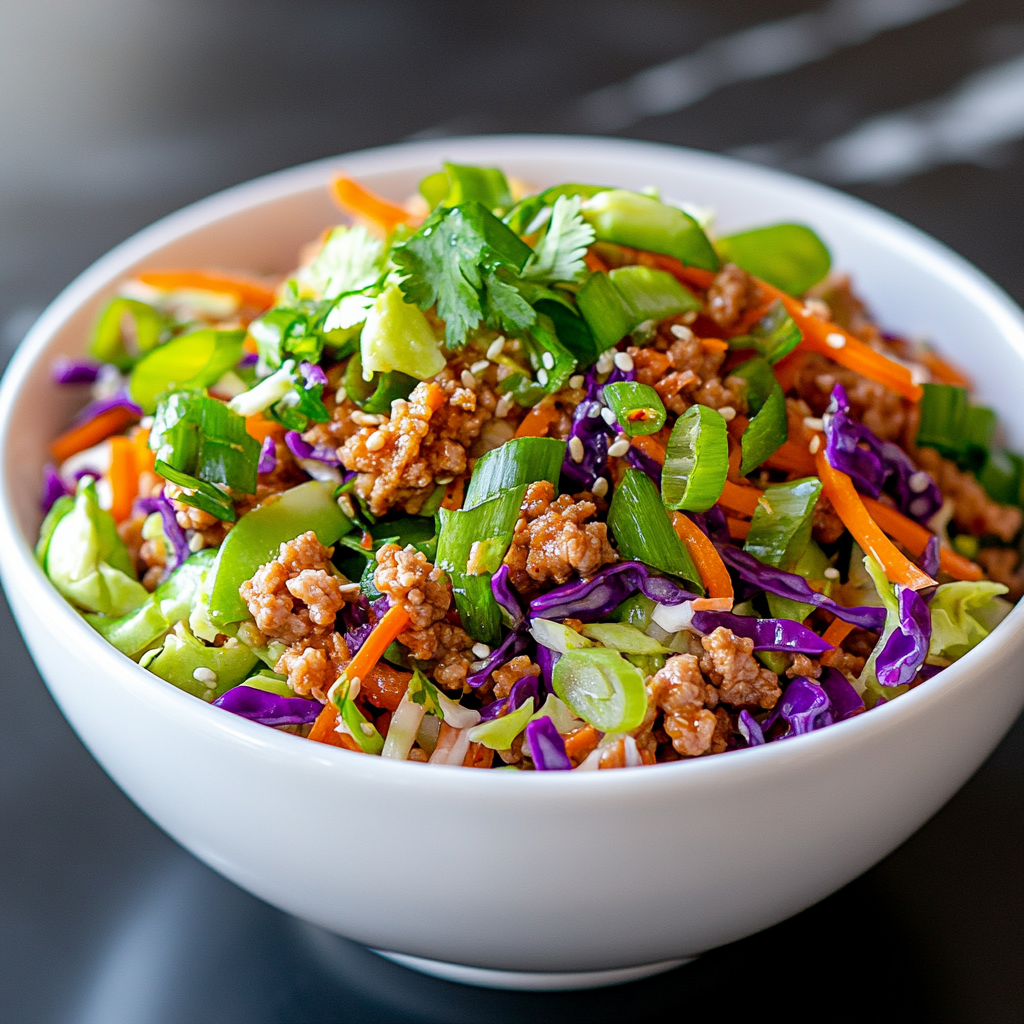 Savor the flavors of Egg Roll in a Bowl Recipe with Coleslaw Mix recipe, featuring coleslaw mix, shredded cabbage, and a delicious blend of soy sauce, garlic, and ginger. An ideal choice for a quick, flavorful, low-carb meal: Colorful egg roll in a bowl made with ground turkey and coleslaw mix, served in a white bowl and topped with green onions and cilantro.