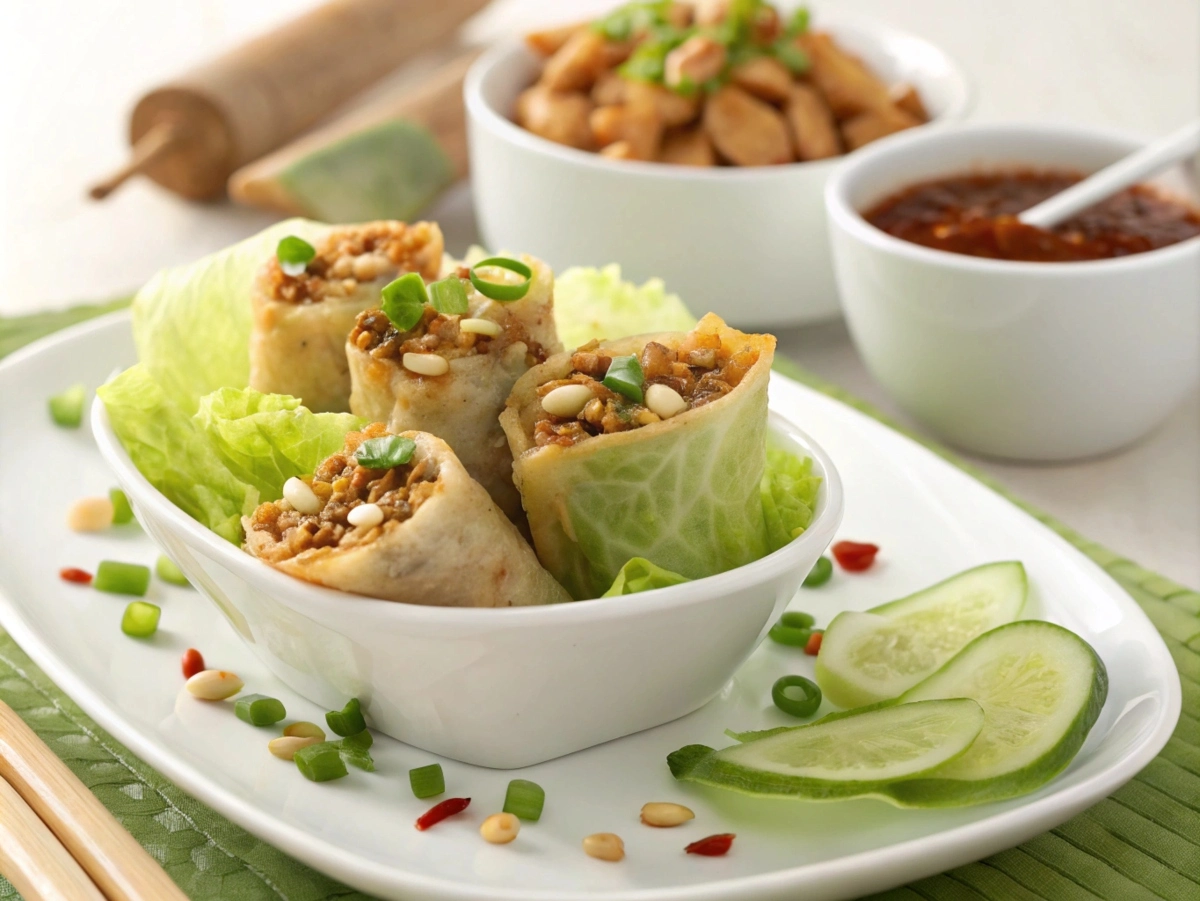 Egg roll in a bowl with coleslaw mix in a skillet garnished with green onions and sesame seeds