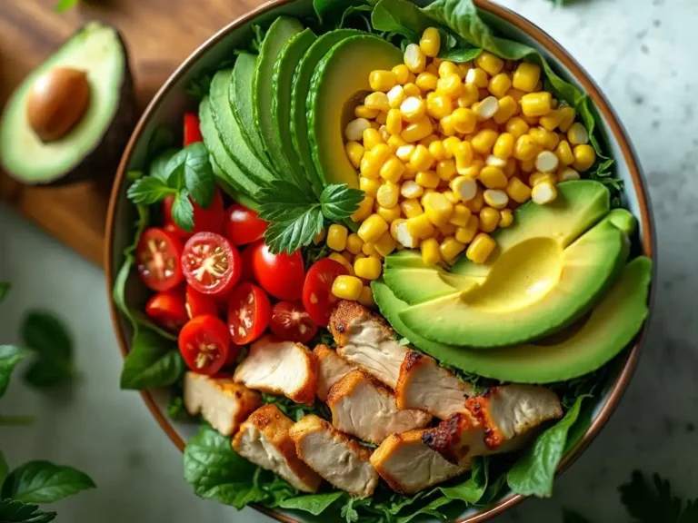 Chicken corn and avocado salad served in a bowl