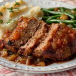 Sliced high protein meatloaf served with mashed potatoes and green beans.