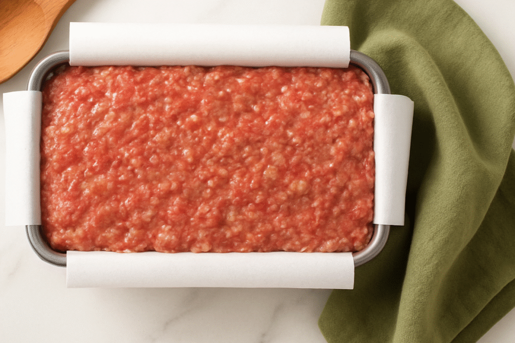Uncooked meatloaf mixture packed into a parchment-lined loaf pan on a marble surface with a green cloth.