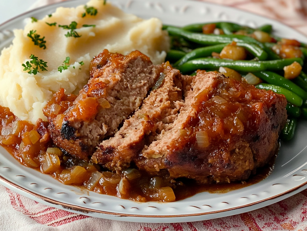 Sliced high protein meatloaf served with mashed potatoes and green beans.