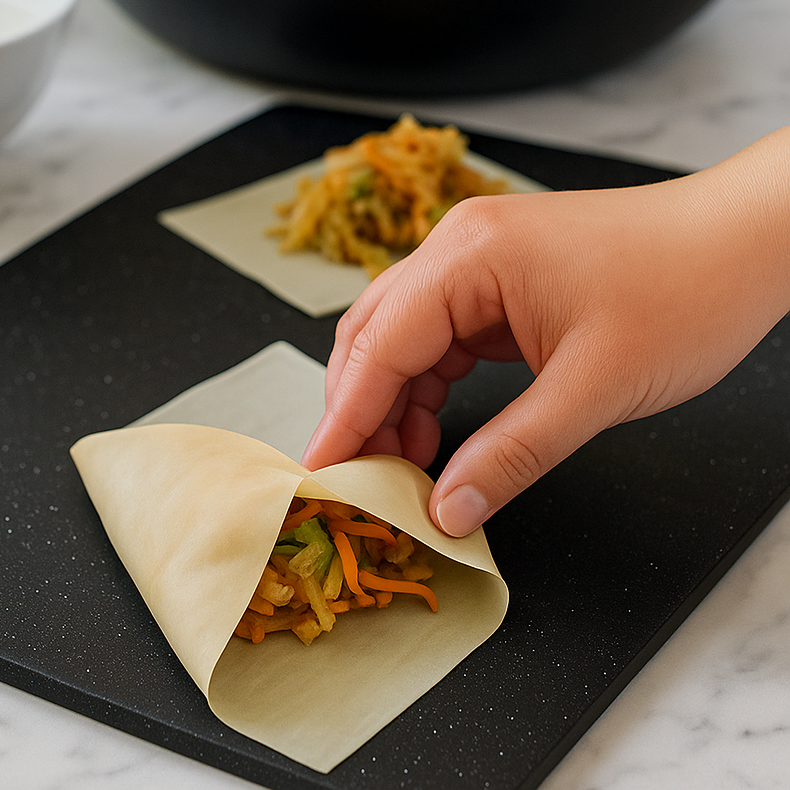Folding the egg roll wrapper around fresh shredded vegetable filling on a dark cutting board.