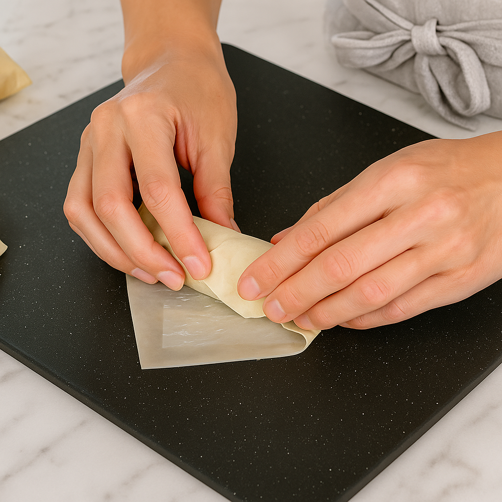 Hands rolling a homemade vegetable egg roll with a fresh veggie filling on a dark cutting board.