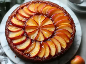 Vegan upside down apple cake with caramelized apple slices