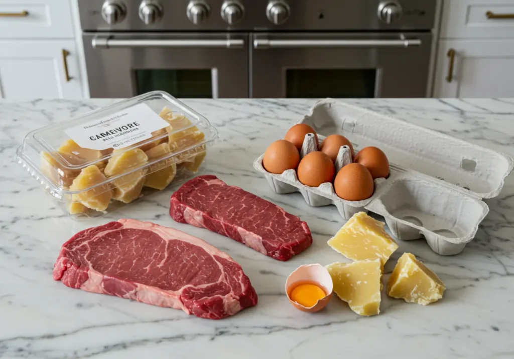 Uncooked ingredients for a carnivore diet breakfast: raw steaks, fresh eggs, and parmesan cheese on a marble countertop.