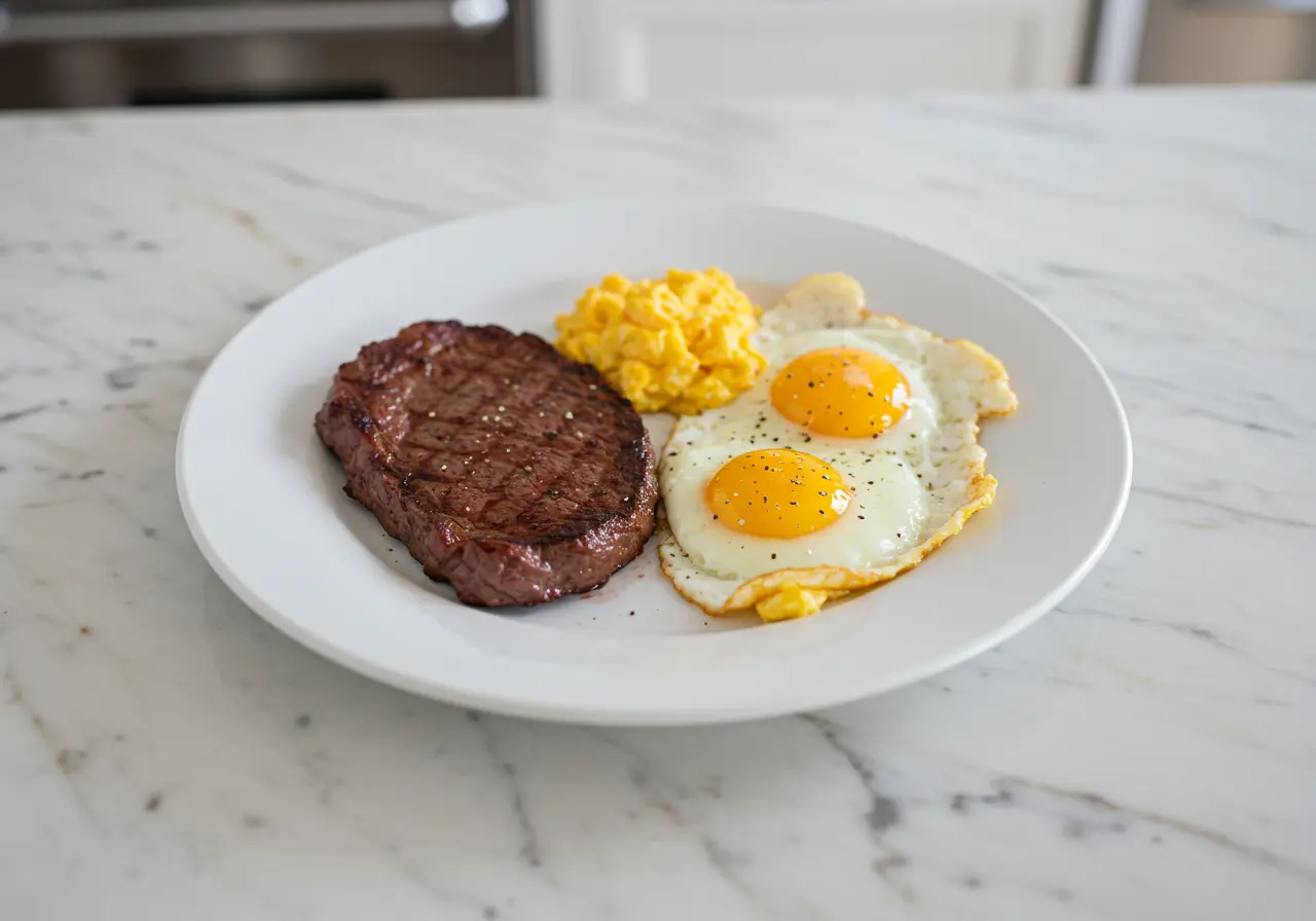 A delicious carnivore breakfast plate of steak and eggs.