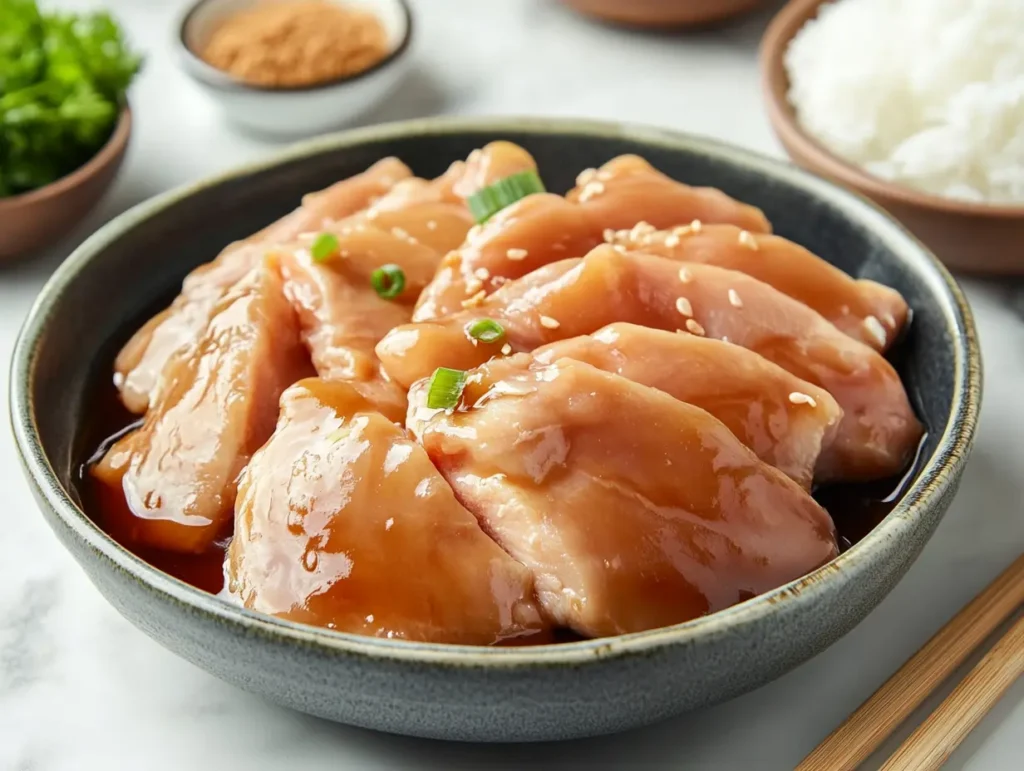 Fresh chicken breasts marinating in a homemade teriyaki sauce, topped with sesame seeds.