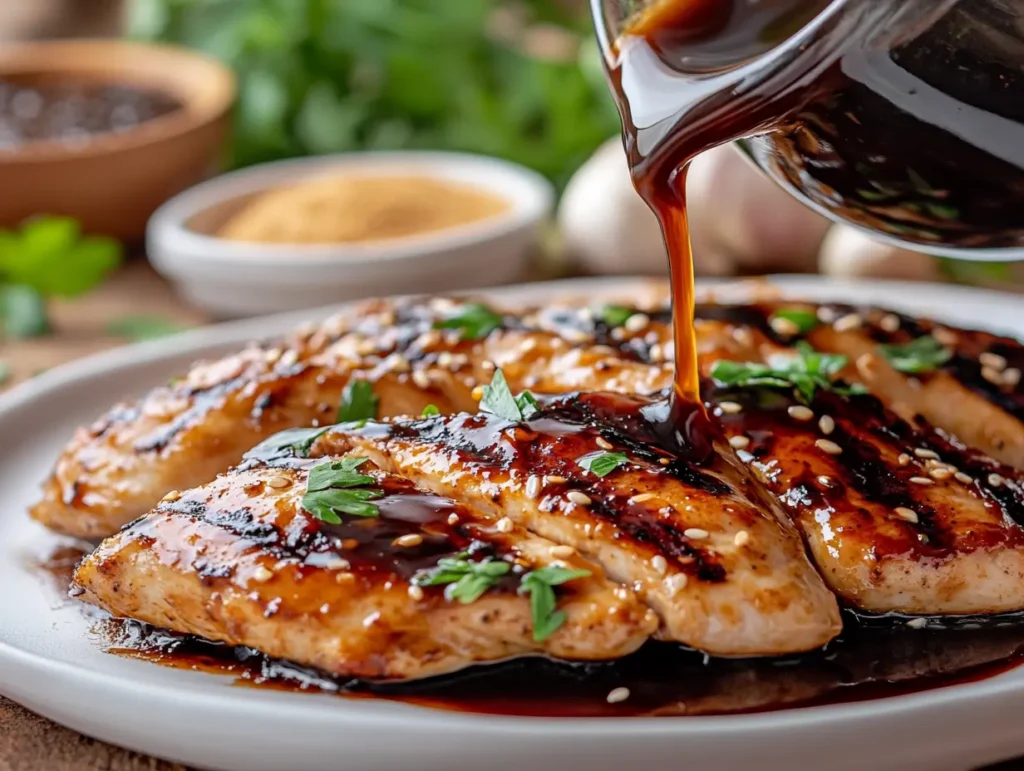 Grilled teriyaki chicken breast with a glossy sauce drizzle and sesame seeds.