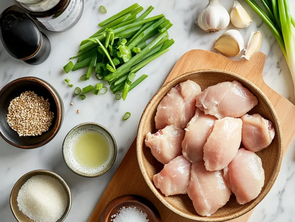 Fresh chicken thighs, green onions, garlic, sesame seeds, and seasonings for Panda Express teriyaki chicken.